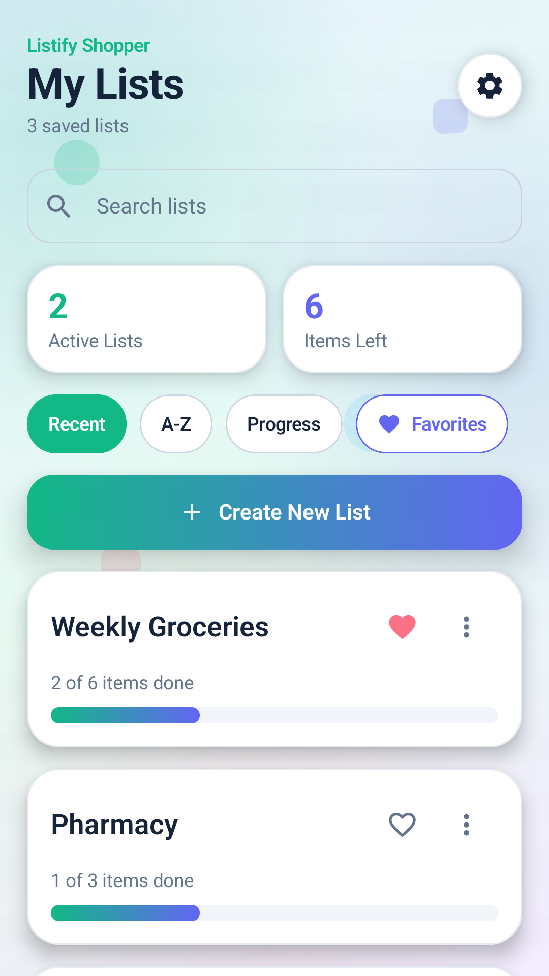 Listify Shopper lists screen